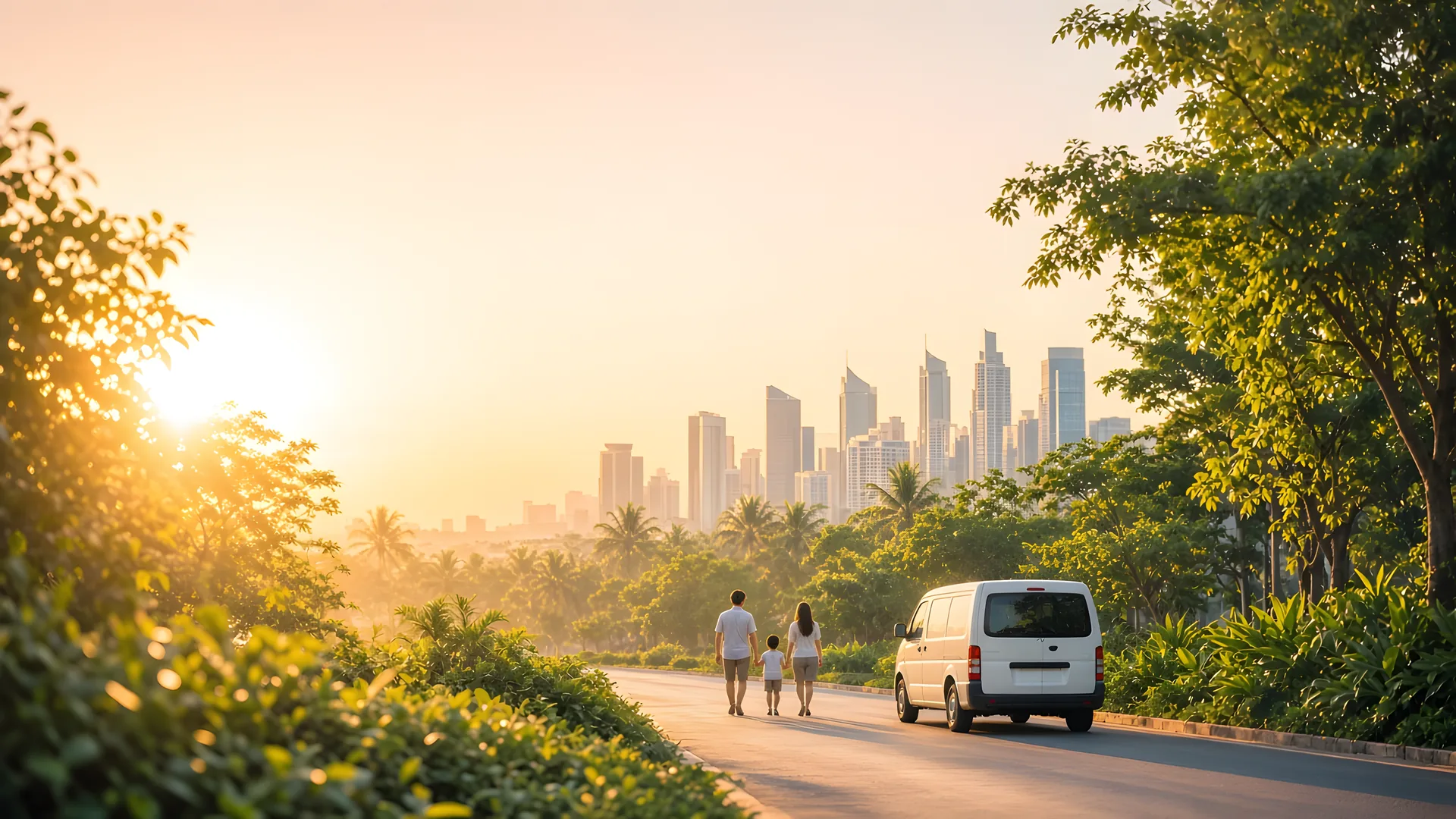 A family walking along a sunlit, tree-lined road beside a white car, with the Singapore skyline in the distance